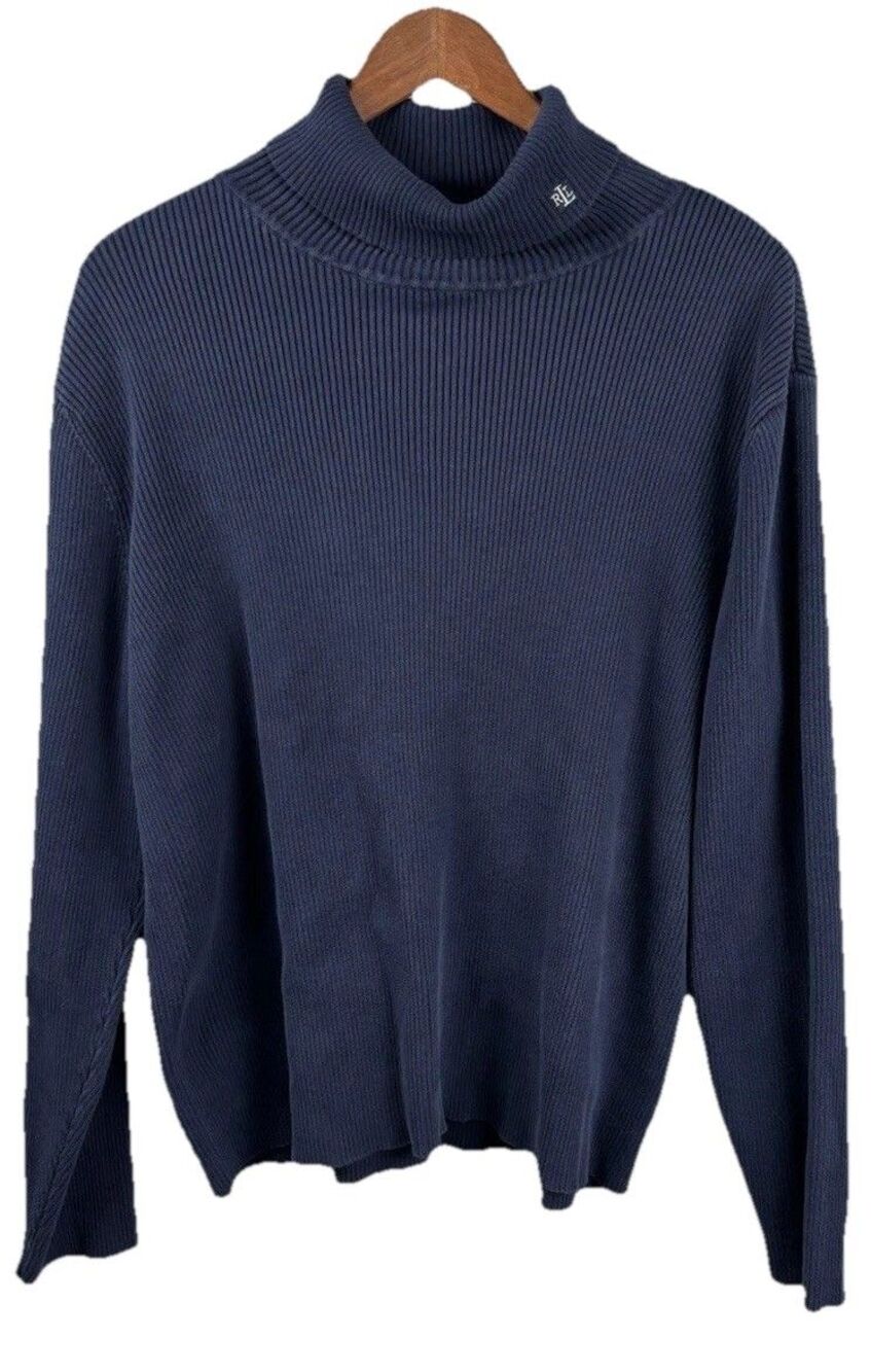 Vintage Ralph Lauren Turtleneck Womens 3X Navy Blue Ribbed Logo Preppy Academia